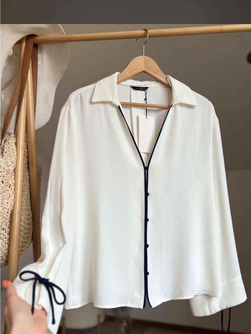 Zara Cream Blouse with Black Trim